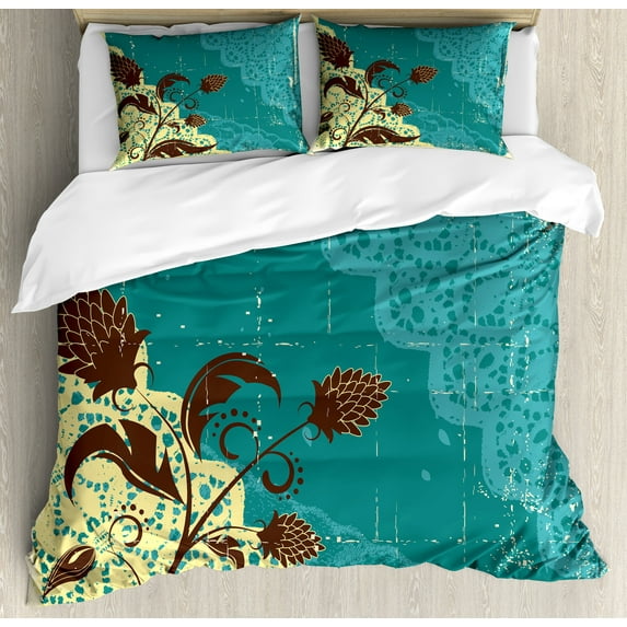 Ambesonne Vintage Duvet Cover Sets, Flower on Lacework Aged, 2-King, Pale Yellow and Dark Brown