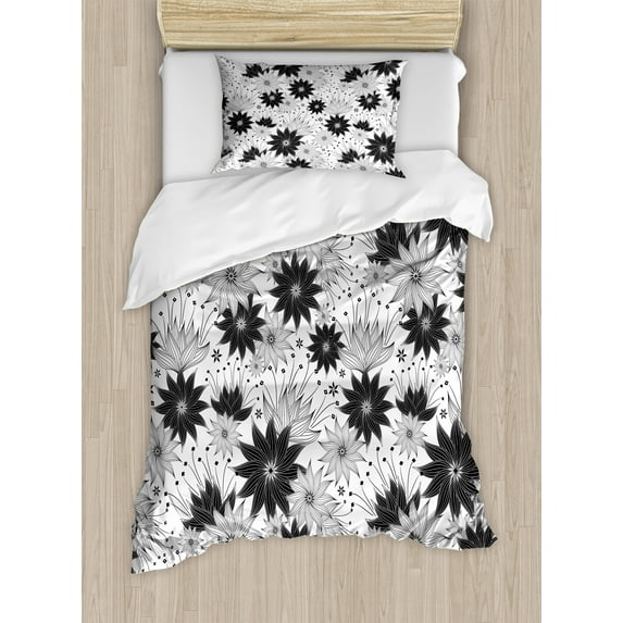 Ambesonne Vintage Duvet Cover Sets, Flowers Bridal Floral, 2-Twin, White Black