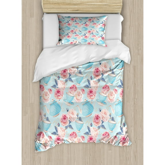 Ambesonne Vintage Duvet Cover Sets, Flowers Roses Teapot, 2-Twin, Pale Blue Pale Pink