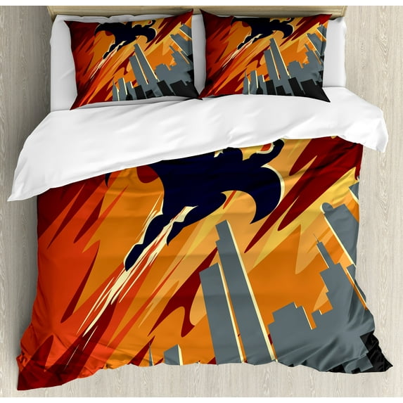 Ambesonne Vintage Duvet Cover Sets, Flying Superhero, 2-Queen, Red Orange Grey