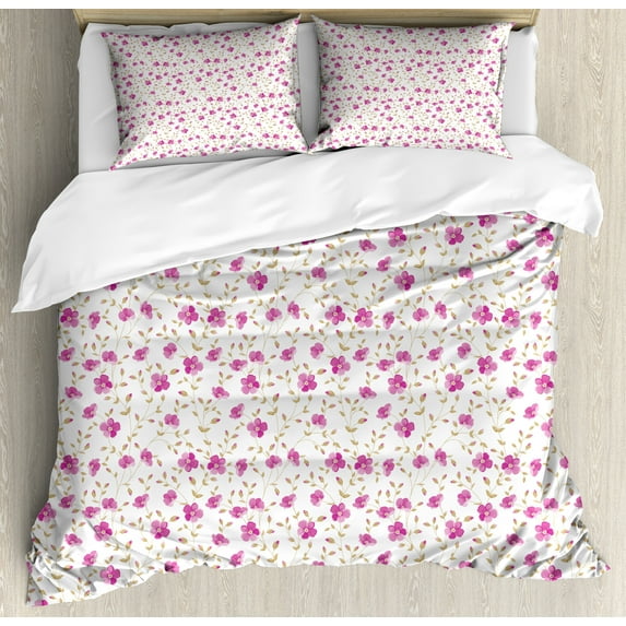 Ambesonne Vintage Duvet Cover Sets, Girly Curly Stems, 2-Queen, Pink Reseda Green