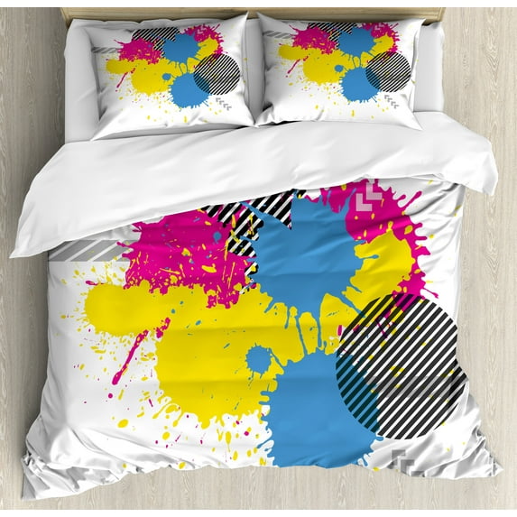 Ambesonne Vintage Duvet Cover Sets, Grunge Ink Splatter, 2-Queen, Yellow Pink