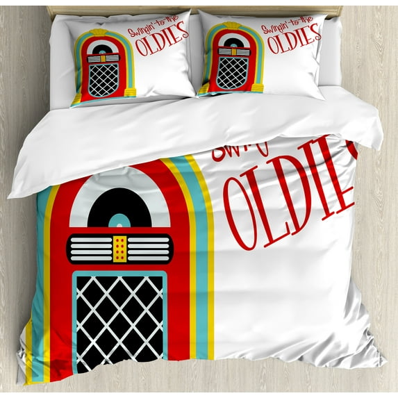 Ambesonne Vintage Duvet Cover Sets, Jazz Age Party Music, 2-King, Red Sky Blue and Yellow