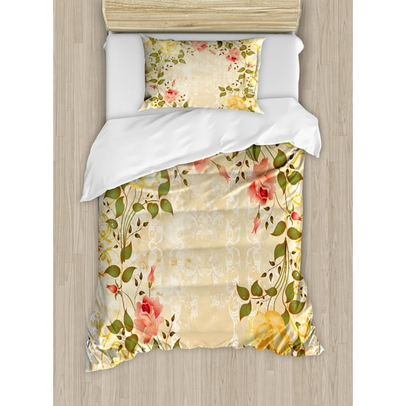 Ambesonne Vintage Duvet Cover Sets, Leaves Roses Floral, 2-Twin, Yellow Green Pink