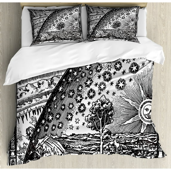 Ambesonne Vintage Duvet Cover Sets, Moon Sun Planets Image, 2-Queen, Charcoal Grey