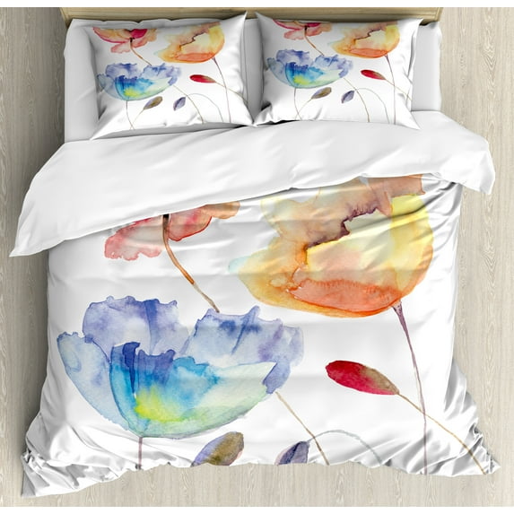 Ambesonne Vintage Duvet Cover Sets, Nature Flowers, 2-Queen, Orange Blue Red
