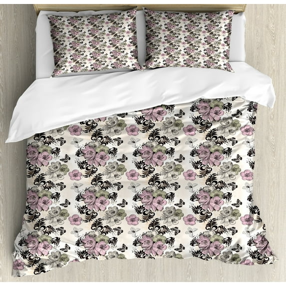 Ambesonne Vintage Duvet Cover Sets, Nostalgic Floral Pattern, 2-King, Multicolor