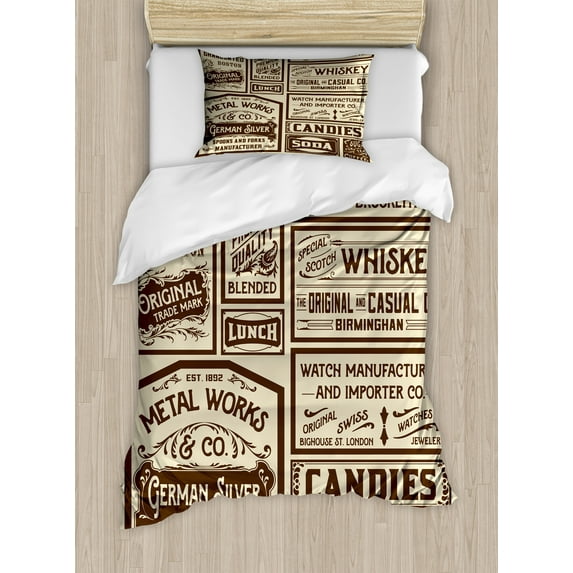 Ambesonne Vintage Duvet Cover Sets, Old Advertisement Retro, 2-Twin, Brown Cream