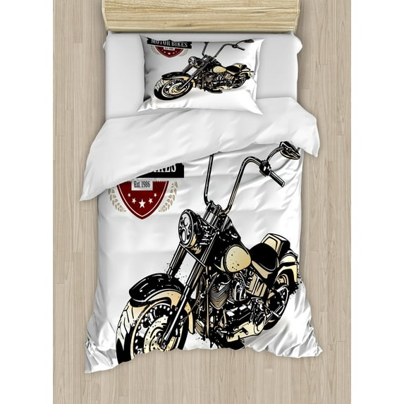 Ambesonne Vintage Duvet Cover Sets, Old Classic Motorcycle, 2-Twin, Black Beige