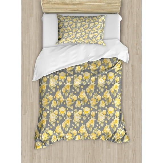 Ambesonne Vintage Duvet Cover Sets, Old Hydrangea Flowers, 2-Twin, Yellow Grey Green