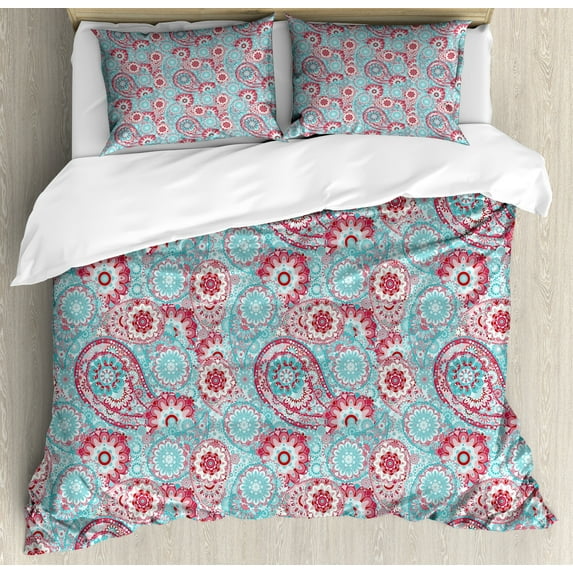 Ambesonne Vintage Duvet Cover Sets, Oriental Spring Flowers, 2-King, Pink Pale Blue