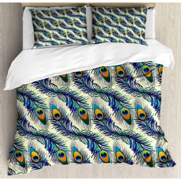 Ambesonne Vintage Duvet Cover Sets, Ornamental Peacock Bird, 2-Queen, Navy Blue Green Orange