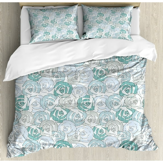 Ambesonne Vintage Duvet Cover Sets, Pale Blooming Rose Flowers, 2-Queen, Pale Blue Pale Teal
