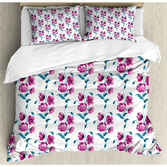 Ambesonne Vintage Duvet Cover Sets, Poppies Leaves Buds, 2-Queen, Fuchsia and Petrol Blue