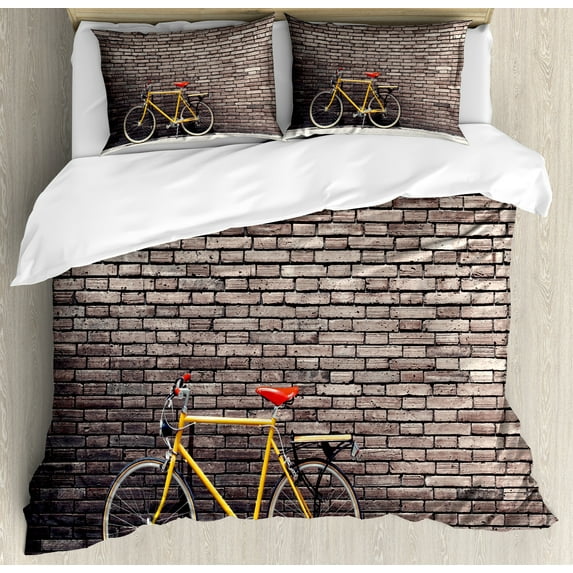 Ambesonne Vintage Duvet Cover Sets, Retro Bicycle on Wall, 2-King, Grey Yellow Red