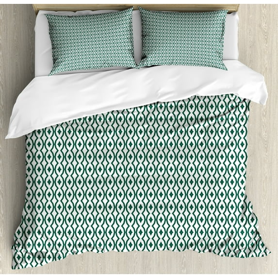 Ambesonne Vintage Duvet Cover Sets, Retro Circles Composition, 2-King, White Forest Green