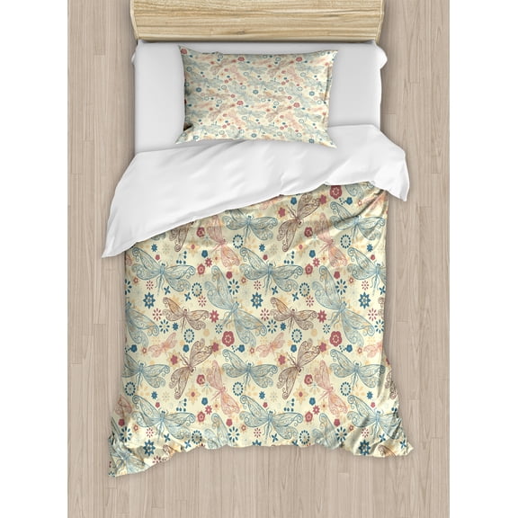 Ambesonne Vintage Duvet Cover Sets, Retro Dragonflies Flowers, 2-Twin, Turquoise and Burgundy