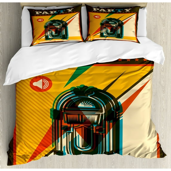 Ambesonne Vintage Duvet Cover Sets, Retro Old Music Jukebox, 2-Queen, Earth Yellow Olive Green
