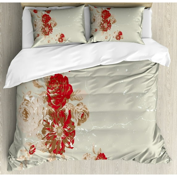 Ambesonne Vintage Duvet Cover Sets, Rose Antique Flowers, 2-Queen, Beige Cream Red