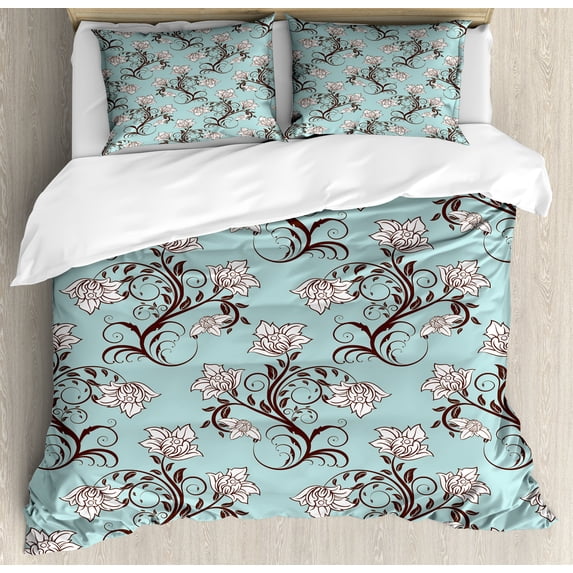 Ambesonne Vintage Duvet Cover Sets, Royal Flower Arrangements, 2-King, Seafoam Rosewood