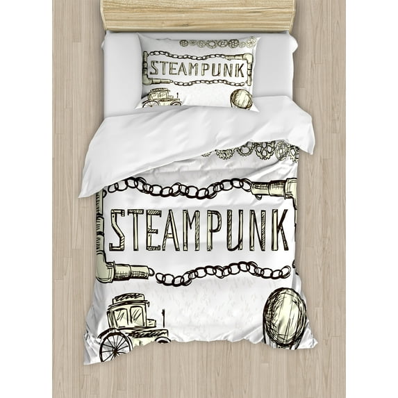 Ambesonne Vintage Duvet Cover Sets, Sketch Old Car Balloon, 2-Twin, Ivory Dark Olive Green