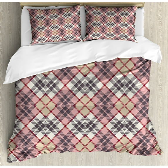 Ambesonne Vintage Duvet Cover Sets, Tartan Motif, 2-King, Pale Pink Ivory Grey