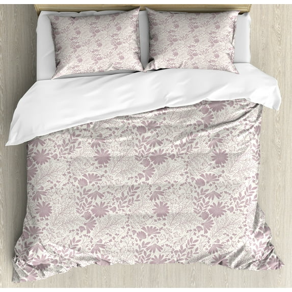 Ambesonne Vintage Duvet Cover Sets, Tender Wild Herbs Flowers, 2-King, Grey Pink and Ivory
