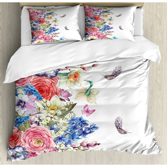 Ambesonne Vintage Duvet Cover Sets, Vivid Floral Nature, 2-Queen, Pink Blue