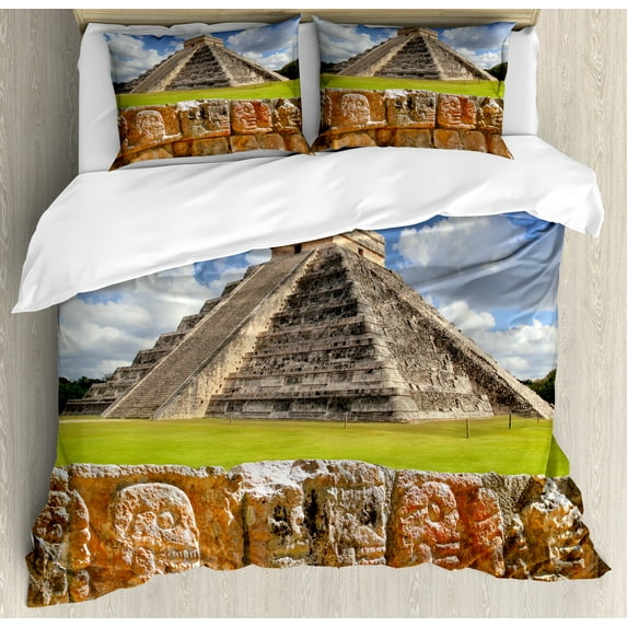 Ambesonne Vintage Duvet Cover Sets, Wall of Skulls Pyramid, 2-King, Charcoal Grey Lime Green