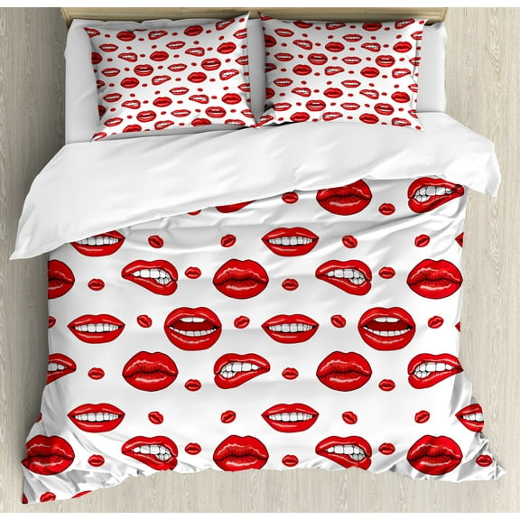 Ambesonne Vintage Duvet Cover Sets, Woman Lips with Gestures, 2-King, Vermilion and White