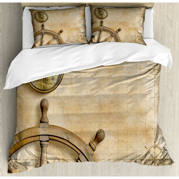 Ambesonne Vintage Duvet Cover Sets, Wooden Wheel Compass, 2-Queen, Beige