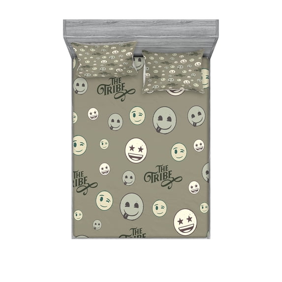 Ambesonne Vintage Emoji Fitted Sheet & Pillow Sham Set, Rustic Color Fun Face, Calking, Sage Green Ivory