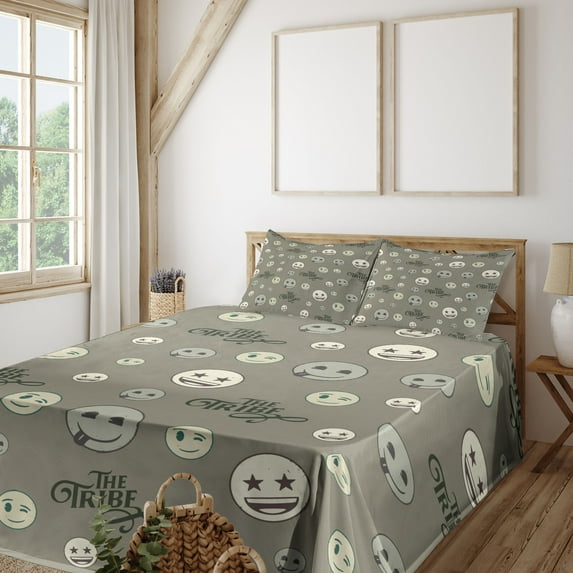 Ambesonne Vintage Emoji Fitted & Top Sheet Set with Shams, Rustic Color Fun Face, Sage Green Ivory