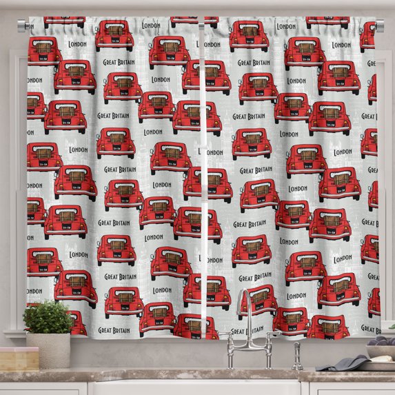 Ambesonne Vintage England Kitchen Curtains, Cartoon Cars Print, 55"x30", Scarlet Pale Grey