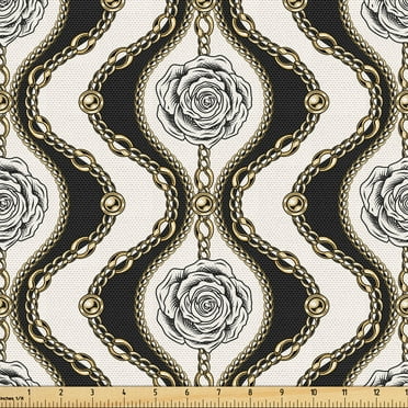 Ambesonne Vintage Fabric by the Yard Upholstery, Abstract Roses Wavy Retro, 1 Yard, Charcoal Grey and Mustard