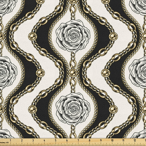 Ambesonne Vintage Fabric by the Yard Upholstery, Abstract Roses Wavy Retro, 3 Yards, Charcoal Grey and Mustard