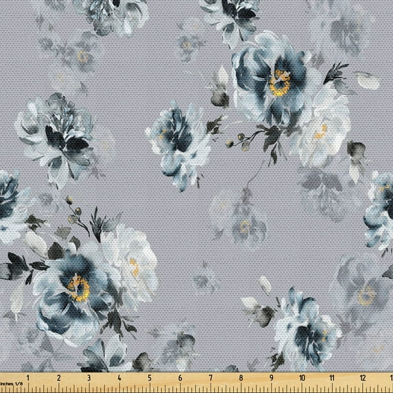 Ambesonne Vintage Fabric by the Yard Upholstery, Art Flowers Romantic Summer, 3 Yards, Pale Blue Grey and Marigold