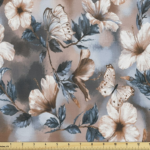 Ambesonne Vintage Fabric by the Yard Upholstery, Art Watercolor Floral Print, 5 Yards, Pale Rust Slate Blue