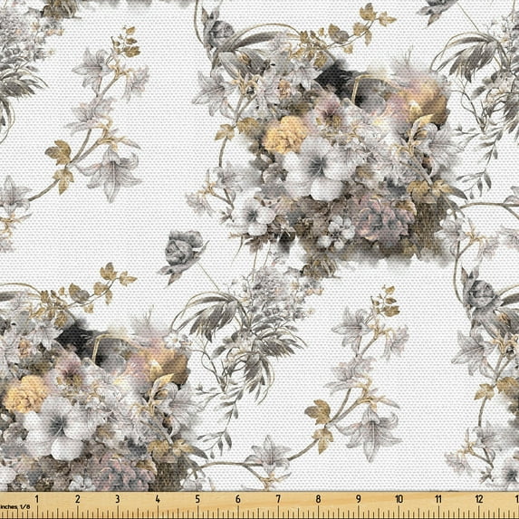 Ambesonne Vintage Fabric by the Yard Upholstery, Autumn Flower Bouquets Art, 1 Yard, Cocoa Grey Pale Brown