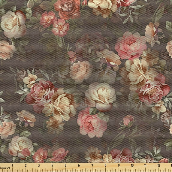 Ambesonne Vintage Fabric by the Yard Upholstery, Bouquet Flowers Romance Art, 2 Yards, Taupe Beige and Pastel Pink