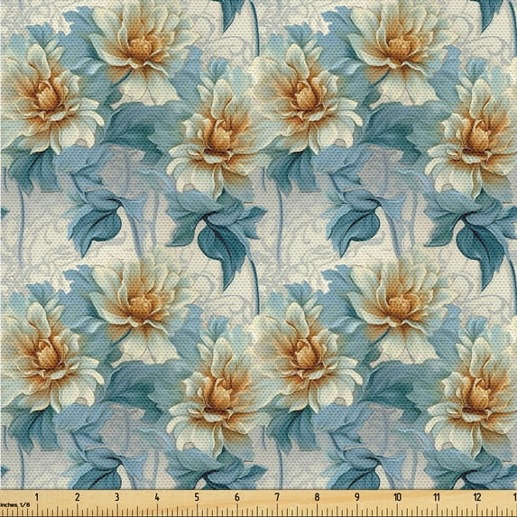 Ambesonne Vintage Fabric by the Yard, Floral Composition Creamy, 1 Yard, Dark Cadet Blue Eggshell