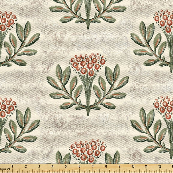 Ambesonne Vintage Fabric by the Yard Upholstery, Flowers Leaf Print Retro, 5 Yards, Eggshell and Olive Green