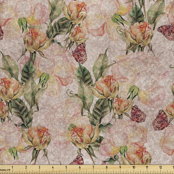 Ambesonne Vintage Fabric by the Yard Upholstery, Grunge Roses Butterflies, 1 Yard, Peach and Olive Green