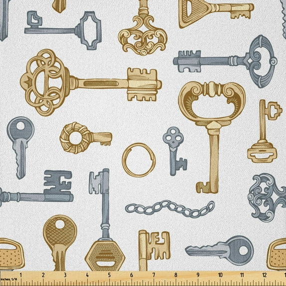 Ambesonne Vintage Fabric by the Yard Microfiber, Antique Keys Classic Motif, 1 Yard, Purpleblue and Sand Brown