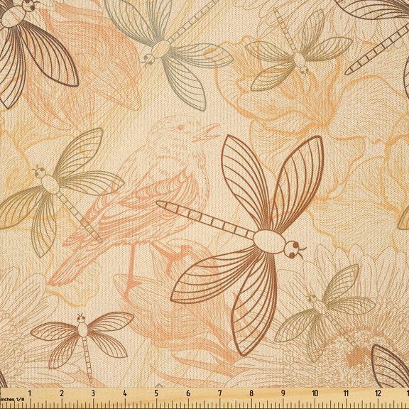 Ambesonne Vintage Fabric by the Yard Microfiber, Birds and Dragonfly Design, 1 Yard, Pale Yellow and Orange