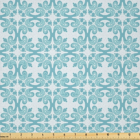 Ambesonne Vintage Fabric by the Yard Microfiber, Bluish Floral Shapes Art, 10 Yards, Deep Sky Blue White Teal