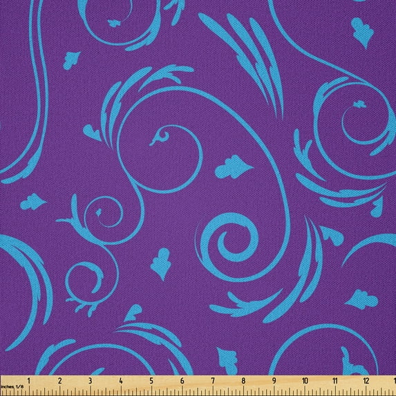 Ambesonne Vintage Fabric by the Yard Microfiber, Curvy Classic Leafy Motifs, 1 Yard, Purple and Azure Blue