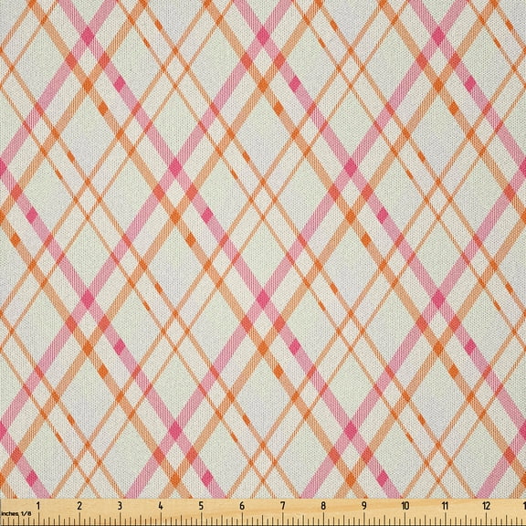 Ambesonne Vintage Fabric by the Yard Microfiber, Diagonal Plaid Ornament, 10 Yards, Pale Ruby and Dark Orange