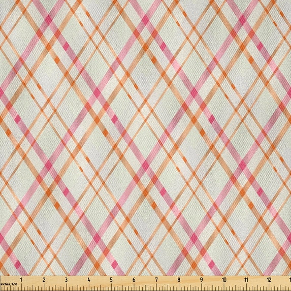 Ambesonne Vintage Fabric by the Yard Microfiber, Diagonal Plaid Ornament, 3 Yards, Pale Ruby and Dark Orange