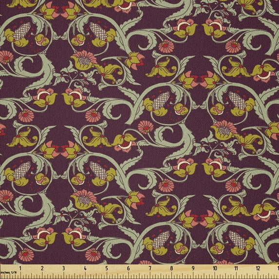 Ambesonne Vintage Fabric by the Yard Microfiber, Floral Boho Inspired Art, 2 Yards, Dark Pink and Slate Brown